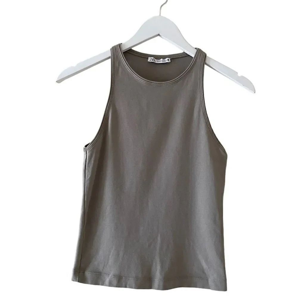Zara Crop Top Tank Festival Khaki Green Cropped Shirt Halter SZ M #1705